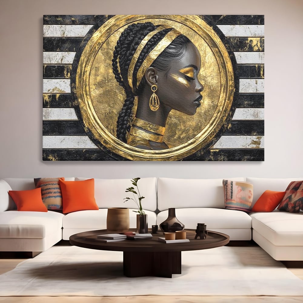 Tablou canvas cu tablou canvas cu portret afro, fara rama, pe sasiu de lemn, pe perete intr-un living